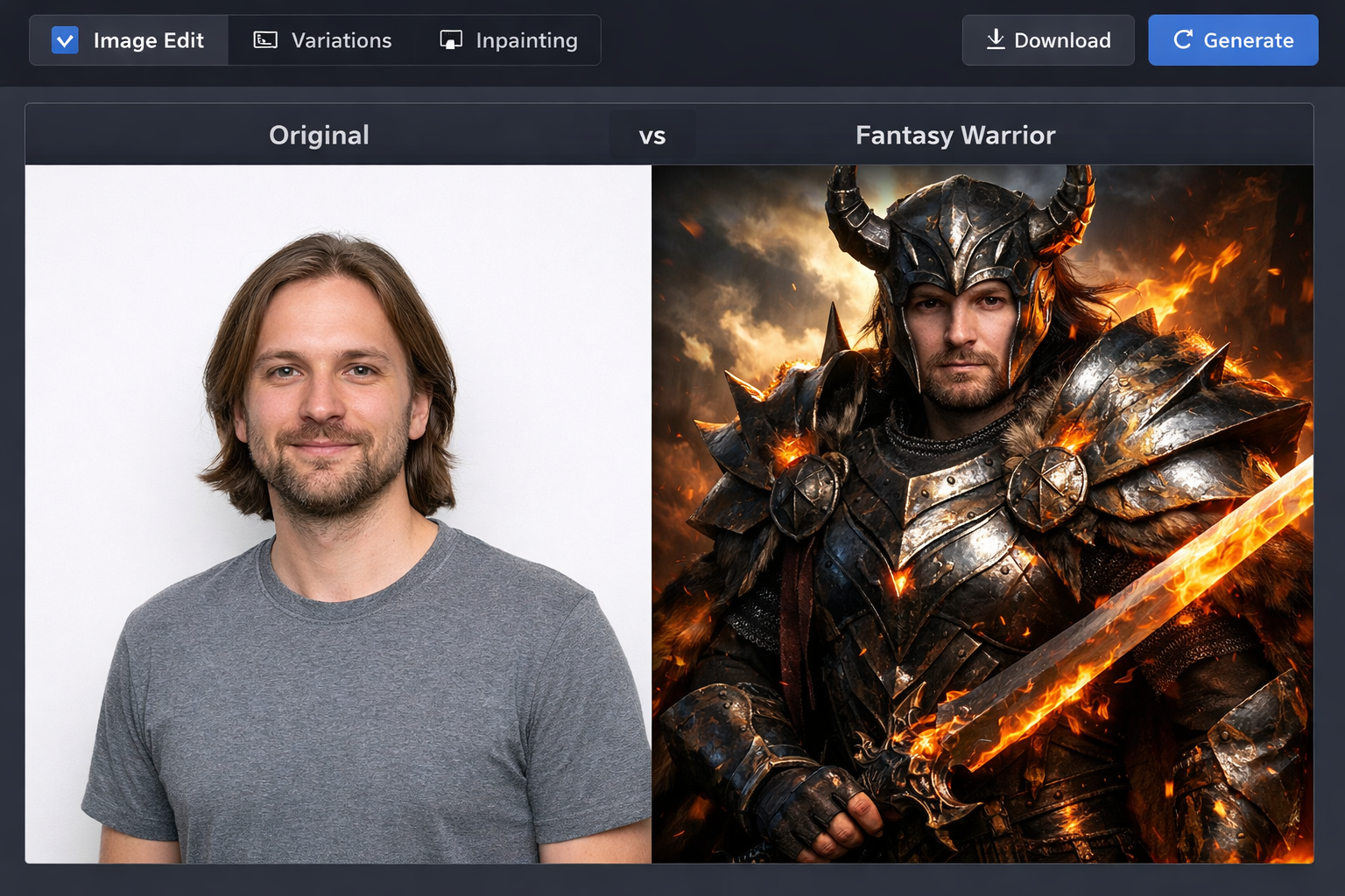 Wan 2.7 image to image example transforming a casual portrait into a fantasy warrior